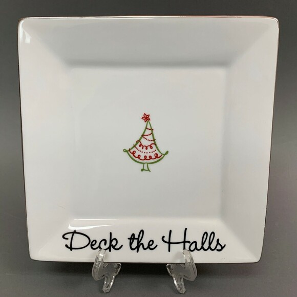 St Nicholas Tis The Season Deck The Halls Christmas White Square Plate - Picture 1 of 7
